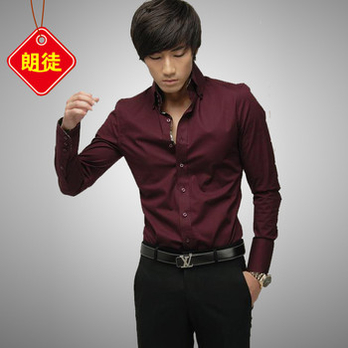 韩版修身 休闲纯棉潮衬衣纯色黑白酒红1604A