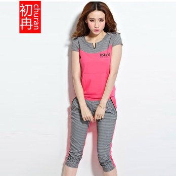 初冉 2014夏装新款格子拼接韩版时尚短袖运动