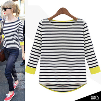 琳漾服饰 欧美条纹T恤女 长袖体恤 纯棉 条纹打