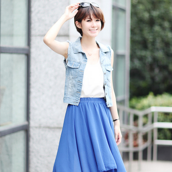 四月天 2012夏季新款韩版<em>翻领</em>无袖<em>牛仔马甲</em>显