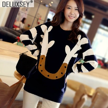 韩版宽松<em>女毛衣外套</em> 秋冬季新款 鹿角条纹 圣诞