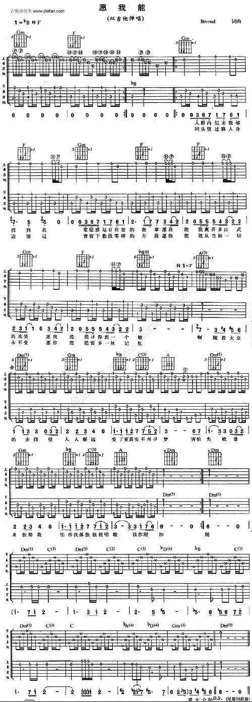 BEYOND愿我能原版吉他谱、夹三品的那个…