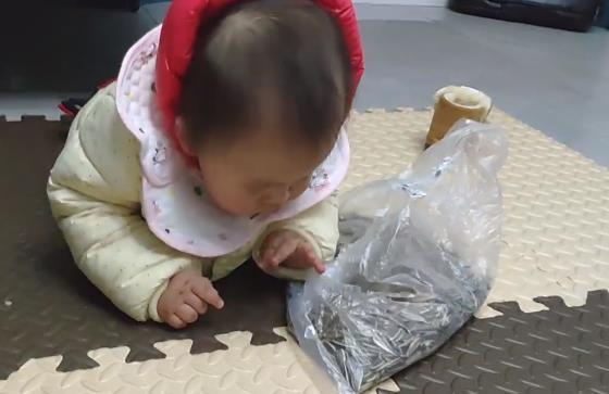 宝宝找到一袋瓜子, 为了吃到它想尽办法, 网友: