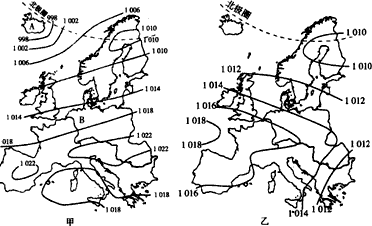 表示欧洲西部7月份等压线分布的是_______(填甲或乙)图