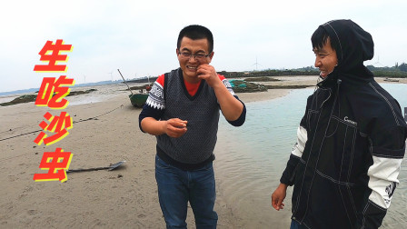 思乡渔夫赶海 思乡渔夫：和小黄人打赌挖沙虫，输者生吃！！！直接吐了