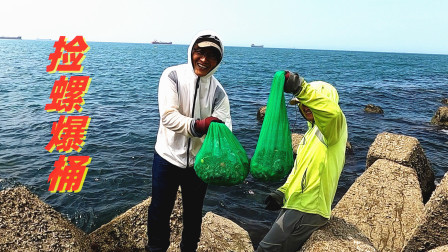 思乡渔夫赶海 无人海堤边辣螺多得离谱，随便捡都爆桶，吃不完寄给老爸做大餐
