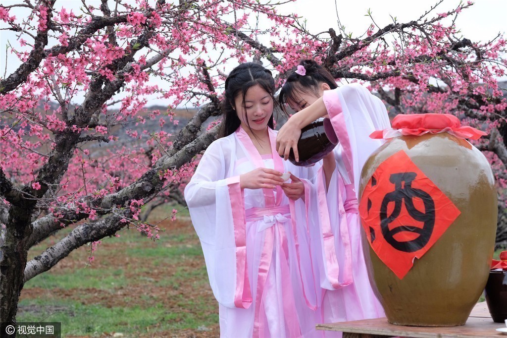 连州桃花节:古装美女花间吃酒 有人现场表白